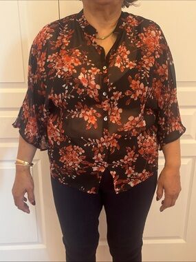 Black Floral Sheer Button-Front Blouse with Coral Flowers